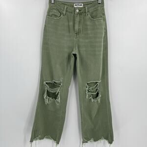 BAYEAS Wide Leg Jeans Green Denim High Rise Raw Hem Distressed Women’s‎ Size 24
